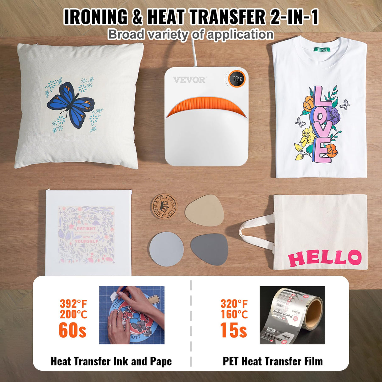 VEVOR Prensa de Calor Portátil 30 x 25 cm Para Camisetas - Máquina de Transferencia 750W - Temperatura 40-205 °C - Uso Doméstico y Bricolaje