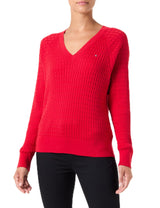 Tommy Hilfiger Jersey Mujer Cable Sweater con Cuello de Pico, Rojo (Primary Red), L