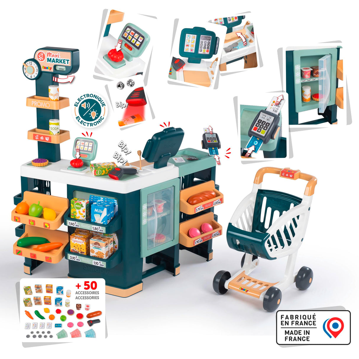 Smoby- Supermercado Maxi con Carrito- Caja Registradora Sin Función Real, Zona de Embolsado, Lector de Código de Barras, Balanza, Frigorífico y 50 Accesorios, Juguete Niños Niñas 3 años (7600350242)
