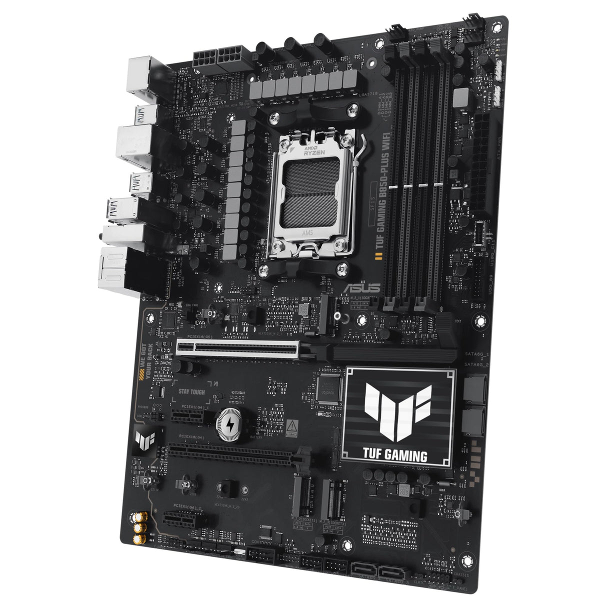 ASUS TUF GAMING B850-PLUS WIFI - Placa base AMD ATX, 14+2+1 etapas de potencia DrMOS 80A, DDR5, PCIe 5.0, 3 ranuras M.2, WiFi 7, Realtek 2.5Gb Ethernet, DisplayPort, HDMI, USB 20Gbps Tipo-C, Aura Sync