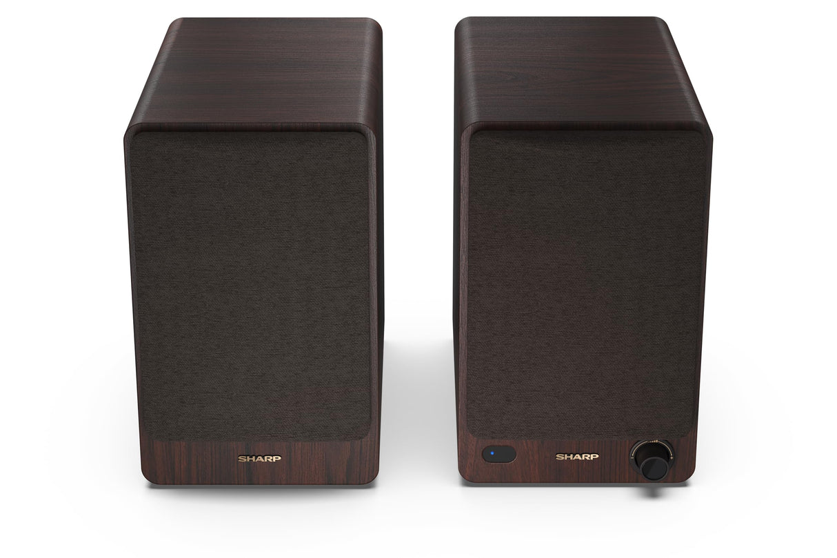 Sharp CP-SS30(BR) Pareja Altavoces estantería Activos 2vías, 60W RMS (2x30W) Carcasa Madera, Bluetooth v5.0, USB, óptica, Auxiliar, RCA, Ajuste Graves y Agudos, Rejilla extraíble, Mando a Distancia.