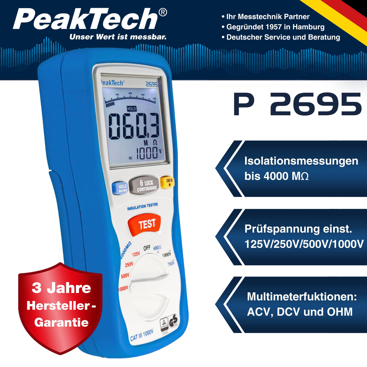PeakTech 2695 – Probador de aislamiento, calibrado, probador de continuidad, voltímetro, circuitos, fusibles, mínimo/máximo, retención de datos, TUV/GS - 125V, 250V, 500V, 1000V