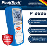 PeakTech 2695 – Probador de aislamiento, calibrado, probador de continuidad, voltímetro, circuitos, fusibles, mínimo/máximo, retención de datos, TUV/GS - 125V, 250V, 500V, 1000V