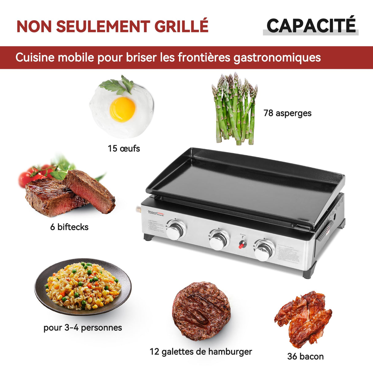 Royal Gourmet - Plancha de Gas de Acero esmaltado, 3 quemadores de Potencia 7,5 kW, Superficie de cocción 62,0 x 35,5 cm, portátil para Acampar y al Aire Libre