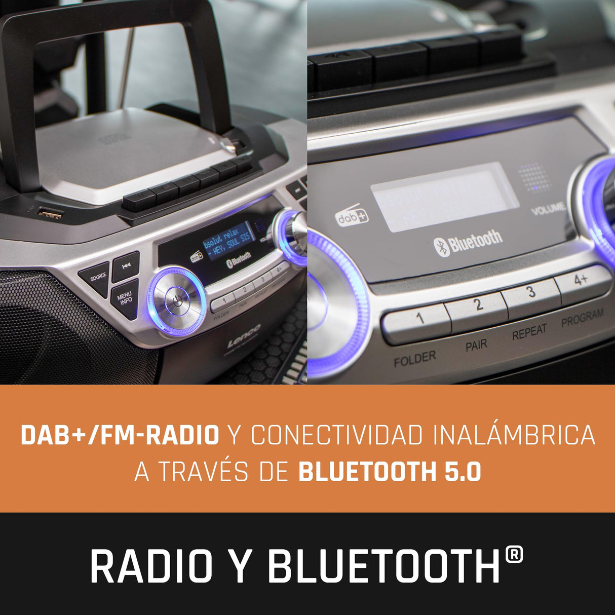 Lenco SCD-720 - Boombox Dab+ - Bluetooth 5.0 - Toploader CD/MP3 - Placa de Casete - Radio FM - Puerto USB - 2 x 6 W RMS - Bass Reflex - Mando a Distancia - Plata