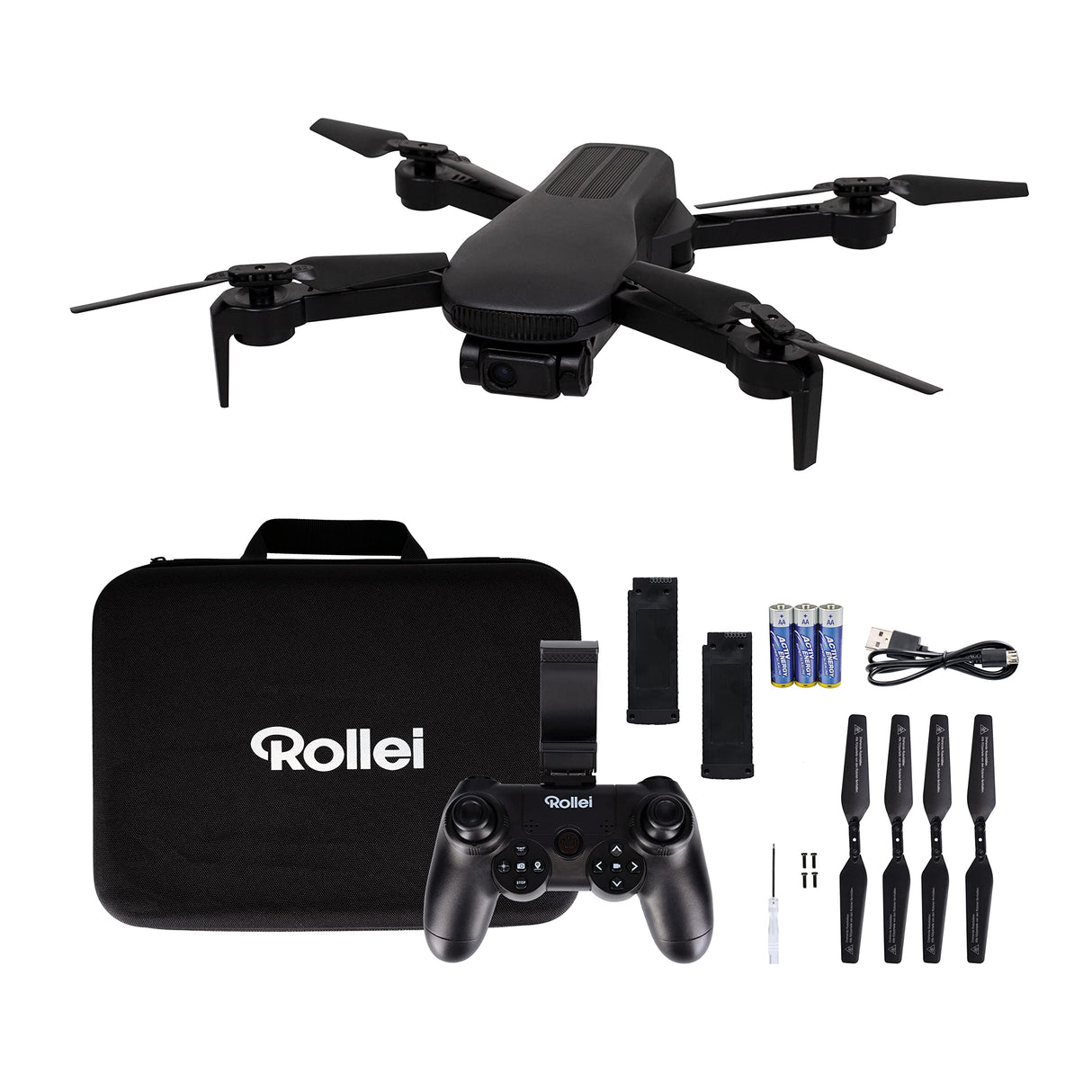 Rollei Fly 80 Combo Drone, transmisión de imagen WiFi en vivo, giroscopio de 6 ejes, cámara Full HD, tiempo de vuelo largo, control de aplicación e incluye servicio remoto