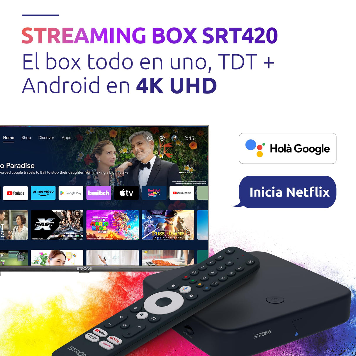 STRONG SRT420 TV Box Android TV 4K con Puerto Ethernet, DVB-T2, 2GB RAM + 16GB Almacenamiento, Chromecast Integrado, WiFi, Asistente De Voz Google, HDR10+, Dolby Audio Y Dolby Vision