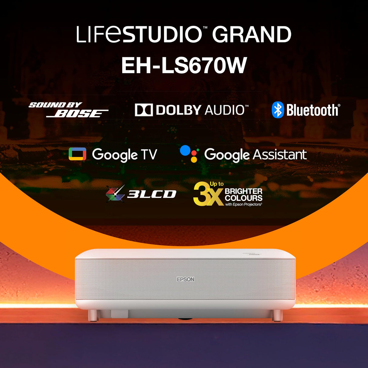 Epson Lifestudio Grand EH-LS670W Blanco Diamante, proyector láser Inteligente de Distancia ultracorta, 4K Pro UHD, Sound by Bose, Google TV, Pantallas de hasta 120″, 5 años de garantía*