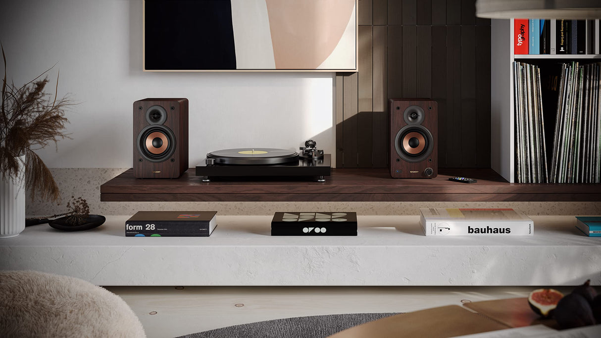 Sharp CP-SS30(BR) Pareja Altavoces estantería Activos 2vías, 60W RMS (2x30W) Carcasa Madera, Bluetooth v5.0, USB, óptica, Auxiliar, RCA, Ajuste Graves y Agudos, Rejilla extraíble, Mando a Distancia.