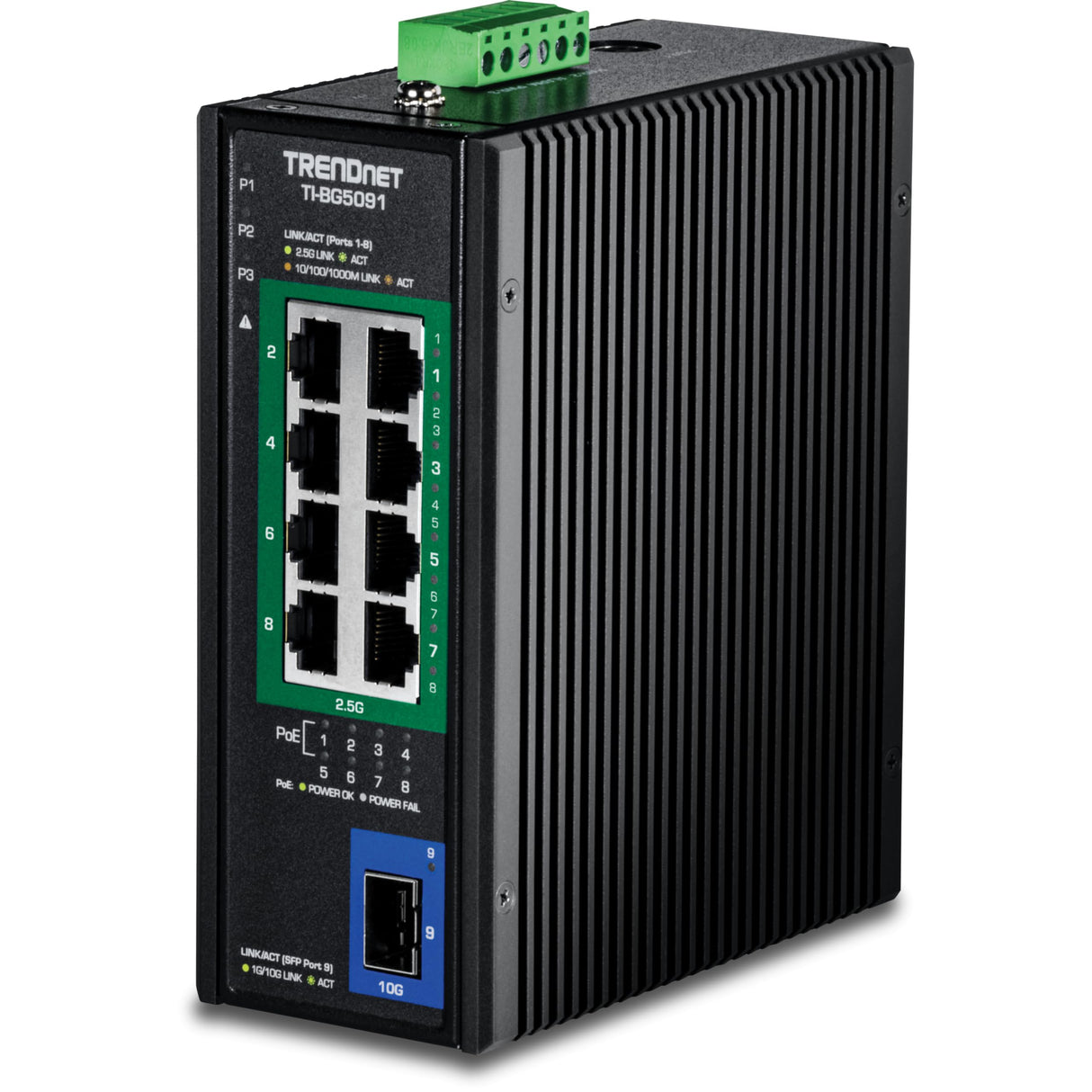 TRENDnet, TI-BG5091, Switch PoE++ DIN-Rail Industrial de 9 Puertos 2.5G con Puerto SFP+ 10G, multigigabit, 8 Puertos PoE++ 2.5G, 1 Puerto SFP+ 10G, presupuesto de Potencia PoE de 480 W, 60 Gbps