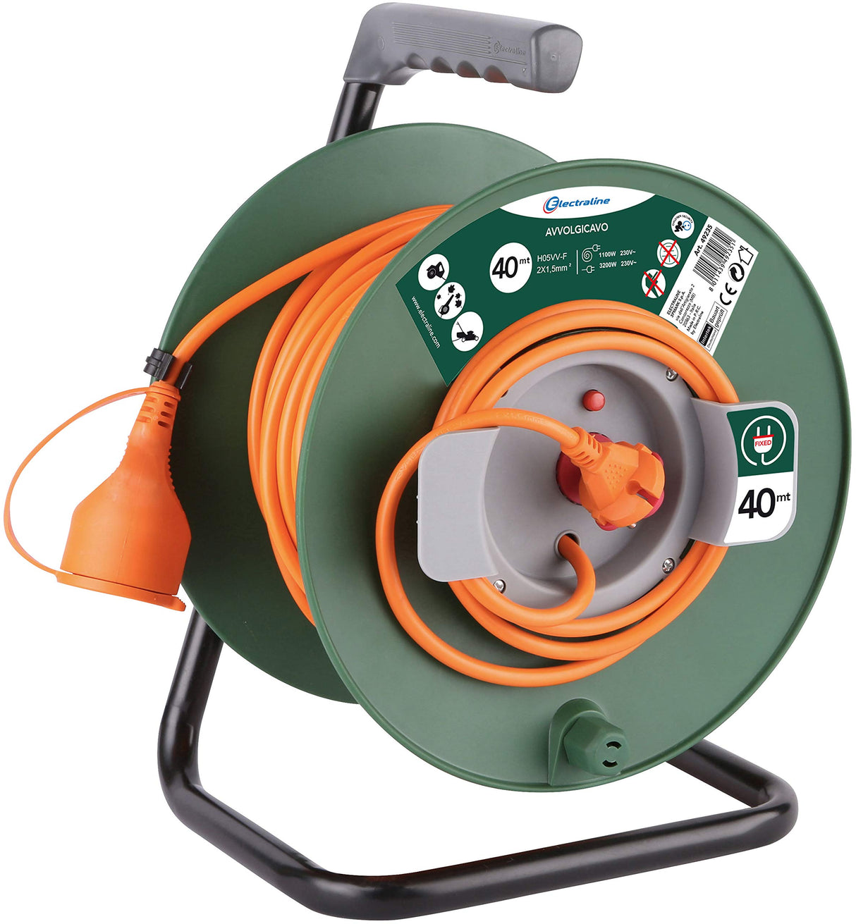 Electraline 49235 - Carrete De Cable Jardín, Longitud 40 M, Zócalo Universal, Sección Cable 2X15 Mm, Negro/Verde