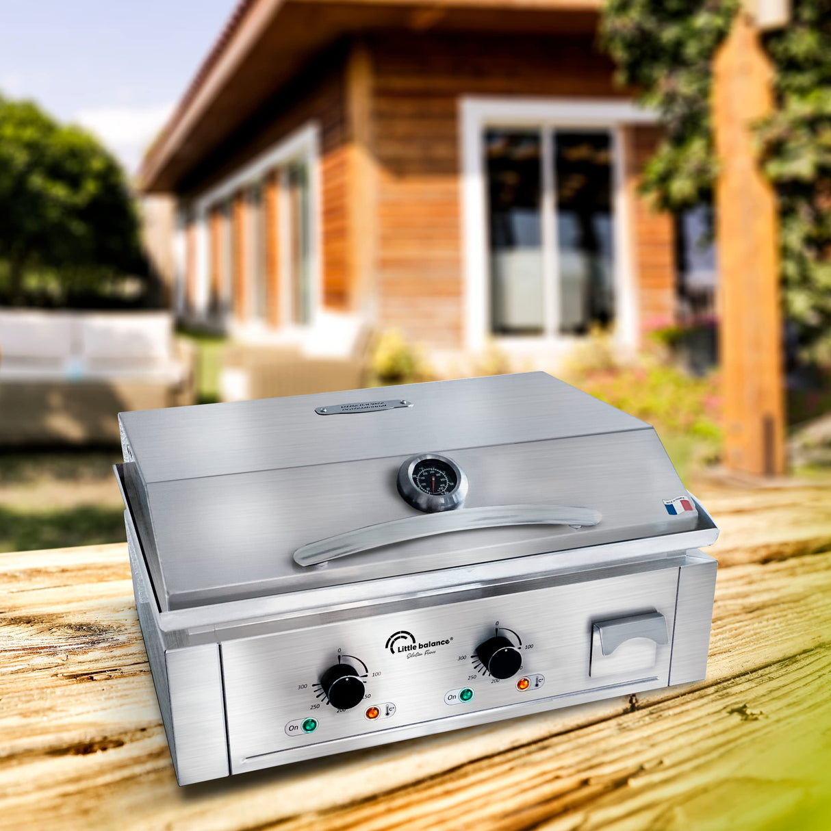 LITTLE BALANCE 8473 Aquitaine Pro Plus, Plancha eléctrica profesional, 2 zonas de cocción, tapa, 3500 W, fabricación francesa, todo acero inoxidable