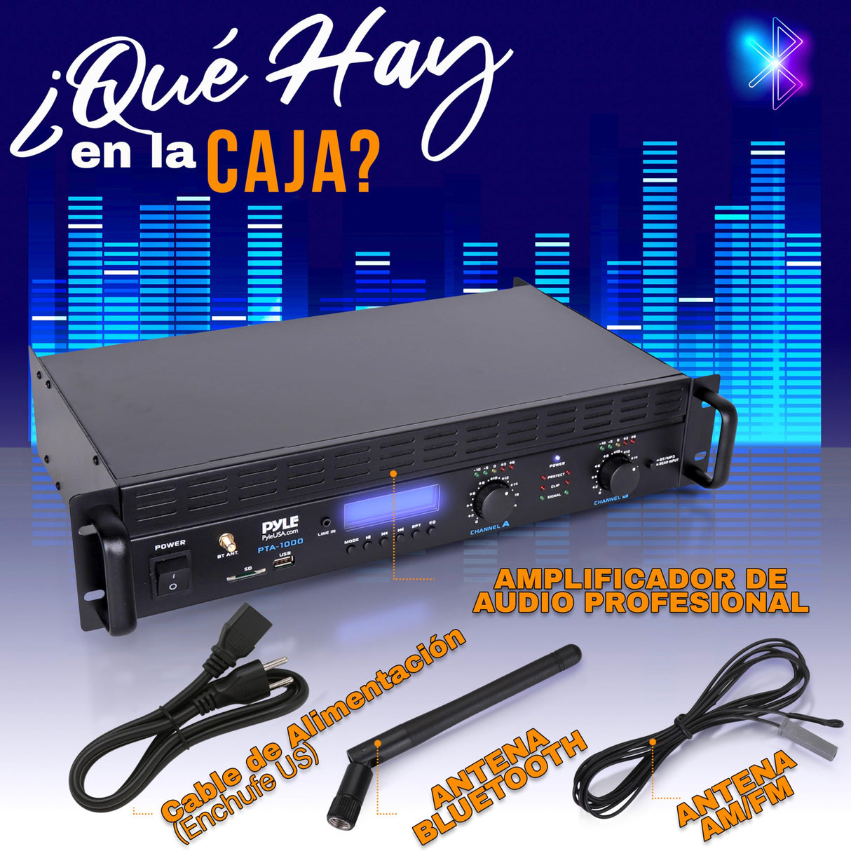 Pyle Amplificador de Sonido, para el hogar, 2000W, Bluetooth, Estereo, Entradas TRS XLR, LCD, 2 Canales, Modo Puente, Ventilador de refrigeracion