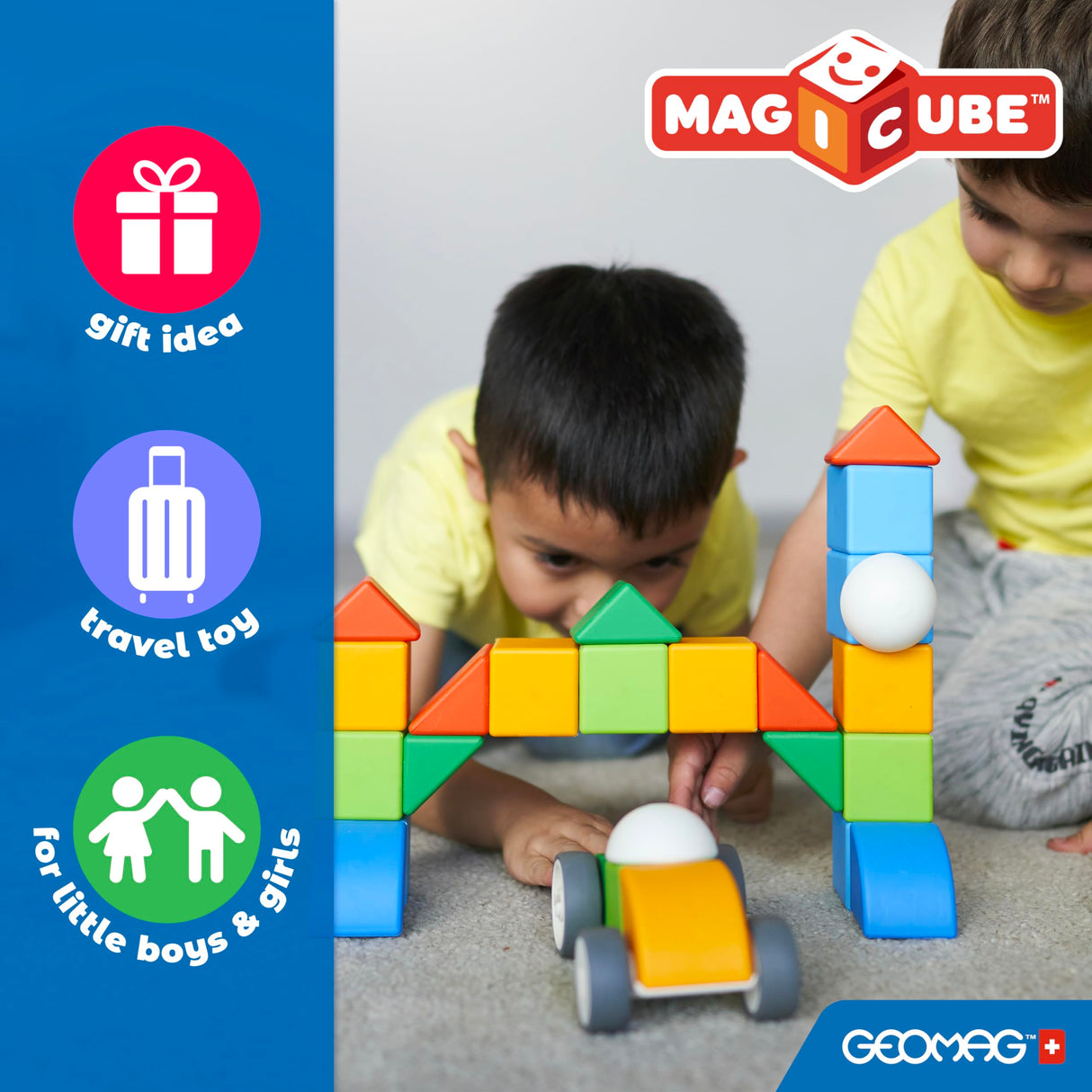 Geomag Magicube Full Color, Bloques de Construcción Magnéticos para Niños a Partir de 1 Año – Juego de 64 Bloques de 4 Colores Hechos de Plástico 100% Reciclado