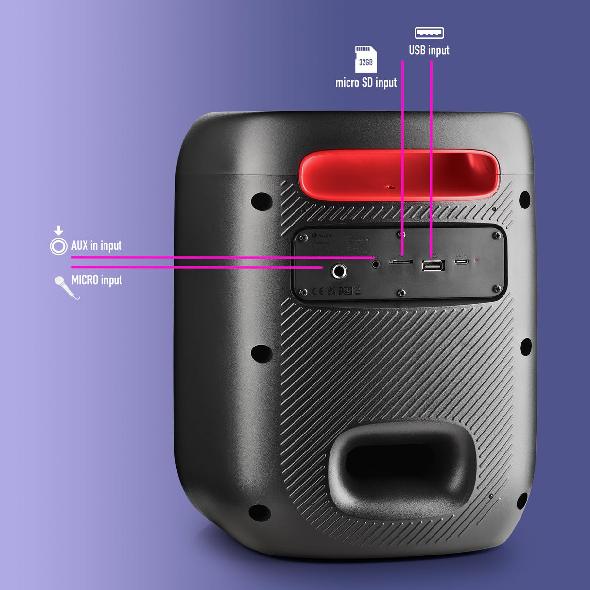 NGS Wild Swag Go - Altavoz Portátil, Compatible con la Tecnología Bluetooth 5.0, True Wireless Stereo, Luces y Pantalla LED, Entrada USB, Audio TF y Auxiliar, 24 x 23 x 30 cm, 80 W, Color Negro