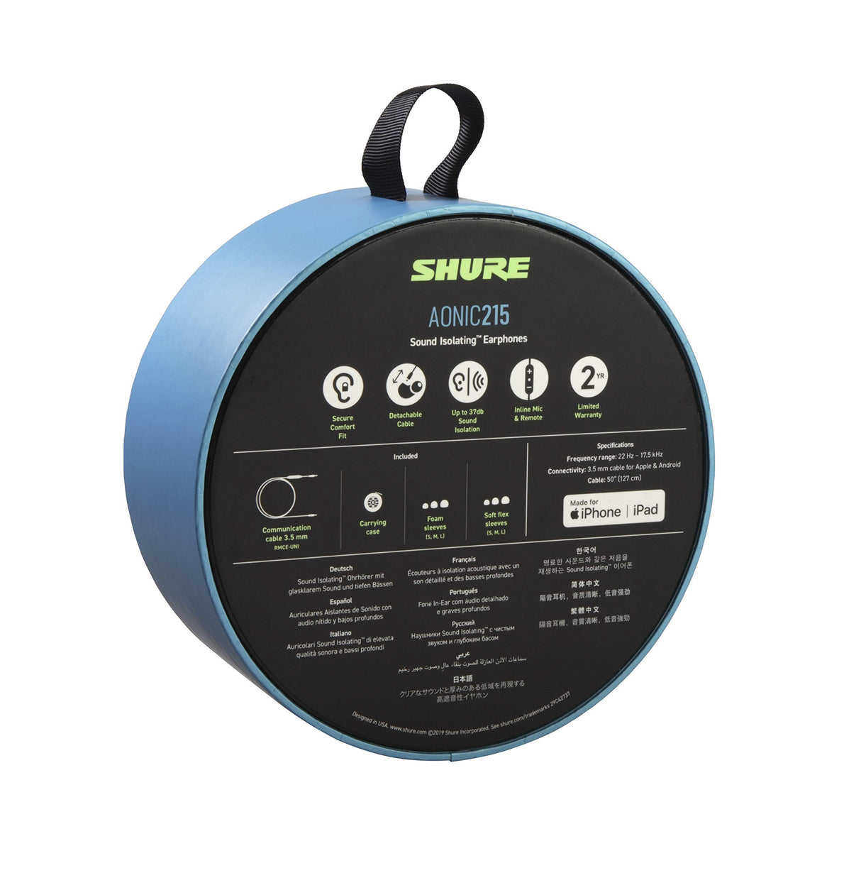 Shure AONIC 215 Auriculares de Aislamiento de Sonido con Cable, Controlador único, Ajuste Interno, Compatible con Dispositivos Apple y Android - Azul
