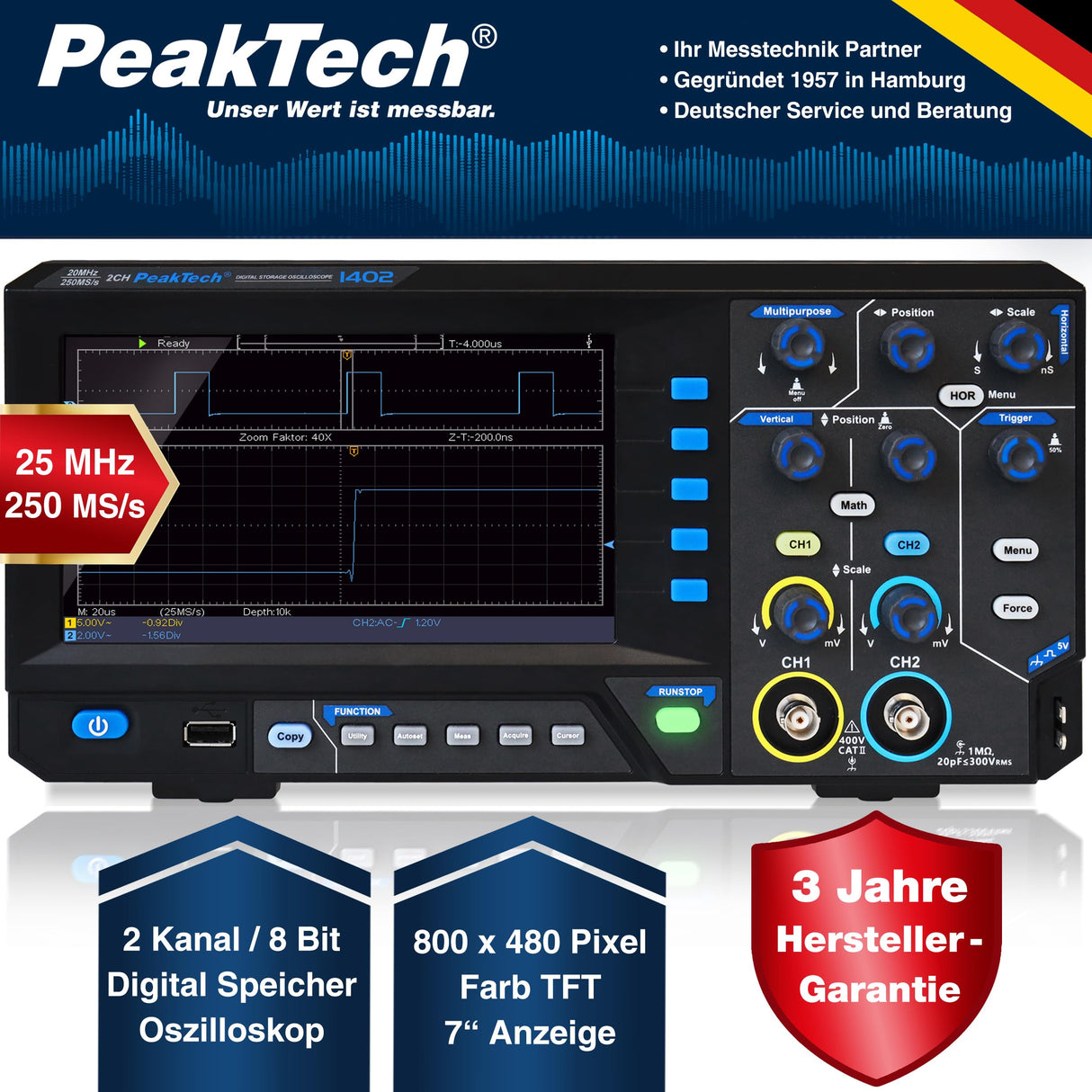 PeakTech, 1402, Osciloscopio digital de 2 canales [3 años de garantía] 20 MHz, 250MS/s, Interfaz USB, Software para PC, Osciloscopio P 1402, Negro, Osciloscopio USB, Multímetro osciloscopio