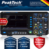 PeakTech, 1402, Osciloscopio digital de 2 canales [3 años de garantía] 20 MHz, 250MS/s, Interfaz USB, Software para PC, Osciloscopio P 1402, Negro, Osciloscopio USB, Multímetro osciloscopio