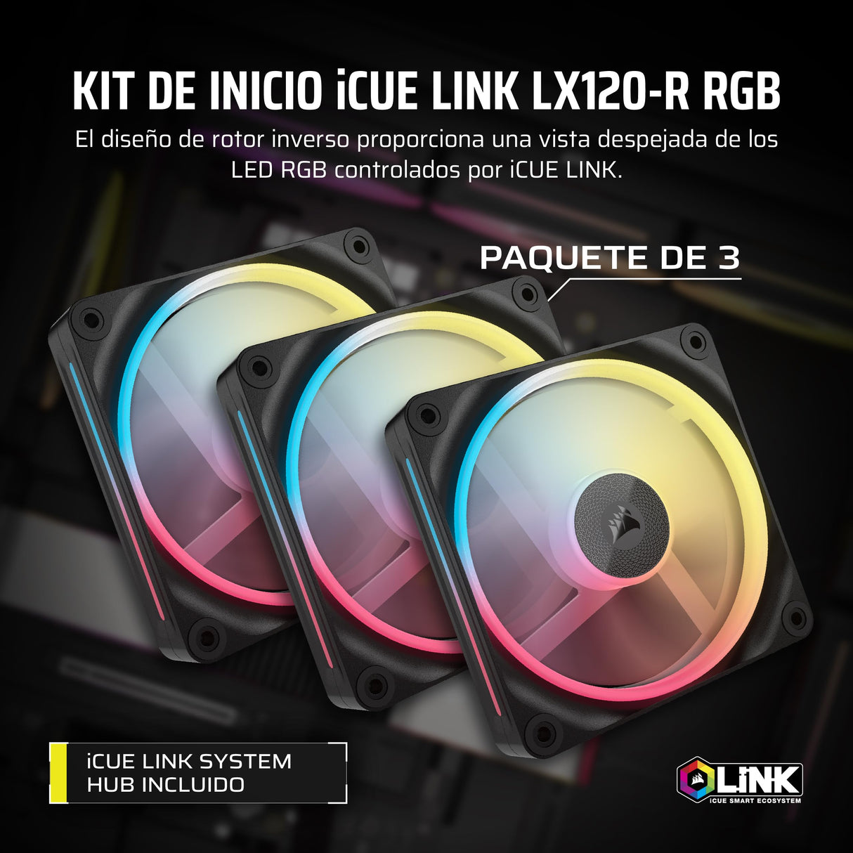CORSAIR iCUE Link LX120-R RGB 120mm Ventilador Inverso PWM – Kit de Triple Ventilador – Bajo Nivel de Ruido, Cojinete de Cúpula Magnética, Lazos de Luz Duales, Tornillos QuikTurn™, Cero RPM – Negro