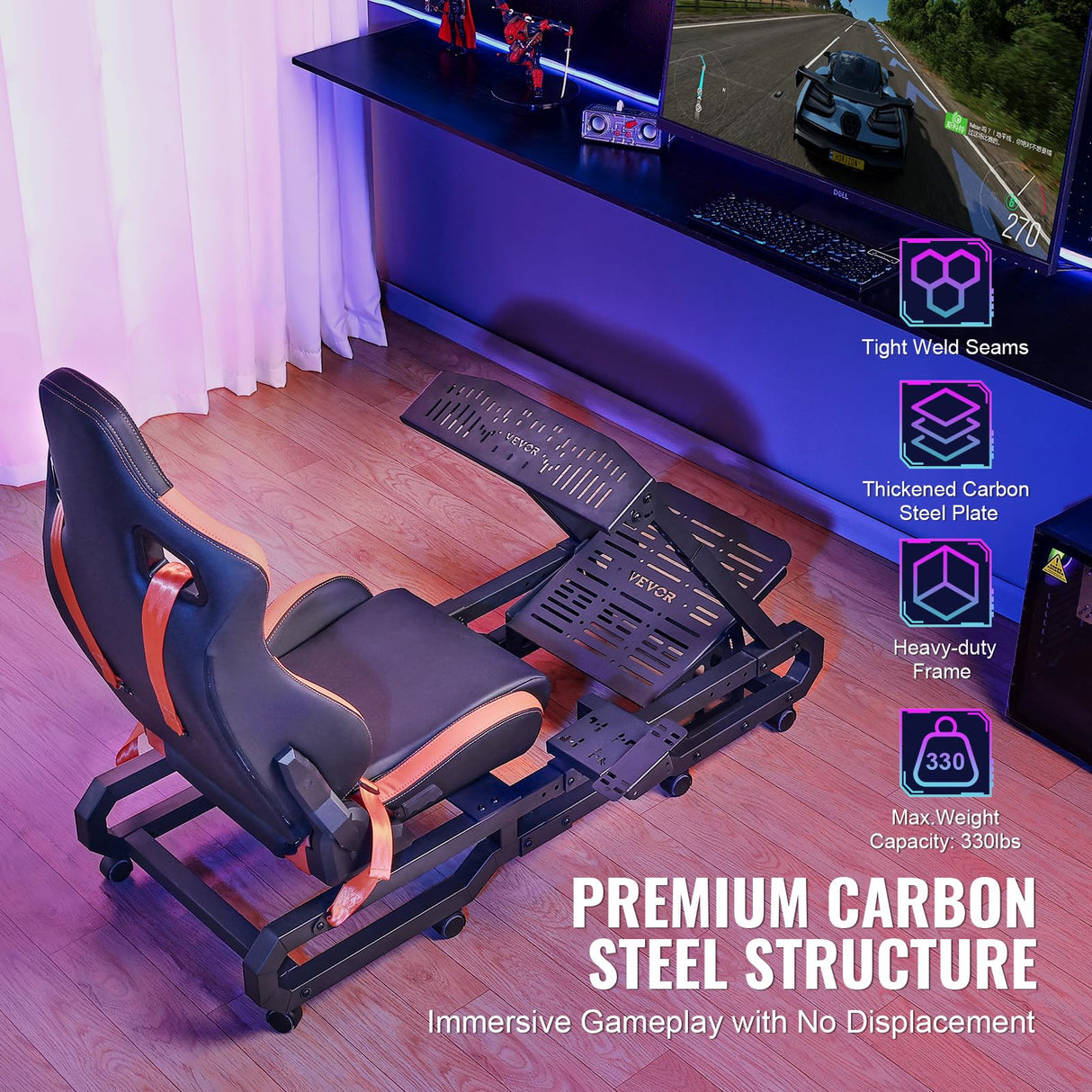 VEVOR Soporte para Volante de Carreras con Ruedas para Logitech G923/G920/G29, Cabina de Simulador de Conducción de Acero Resistente, Pedal Ajustables, Carga Máxima de 150 kg, 1480 x 790 x 1160 mm