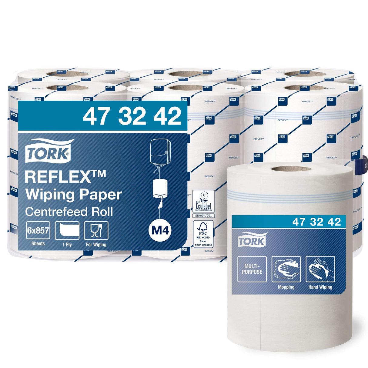 Tork 473242 Papel de secado Reflex/Advanced / 1 capa/Paños de limpieza compatibles con el sistema M4 / 6 bobinas x 300 m de largo/color blanco