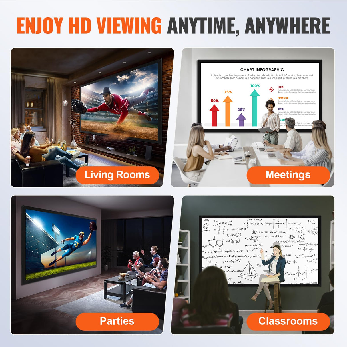 VEVOR Pantalla de Proyector Diagonal 100 Pulgadas de 16: 9, Pantalla de Cine 4K, Proyector Marco de Aluminio, 221 x 124 cm para Películas Portátil Montaje en Pared al Aire Libre, Negro
