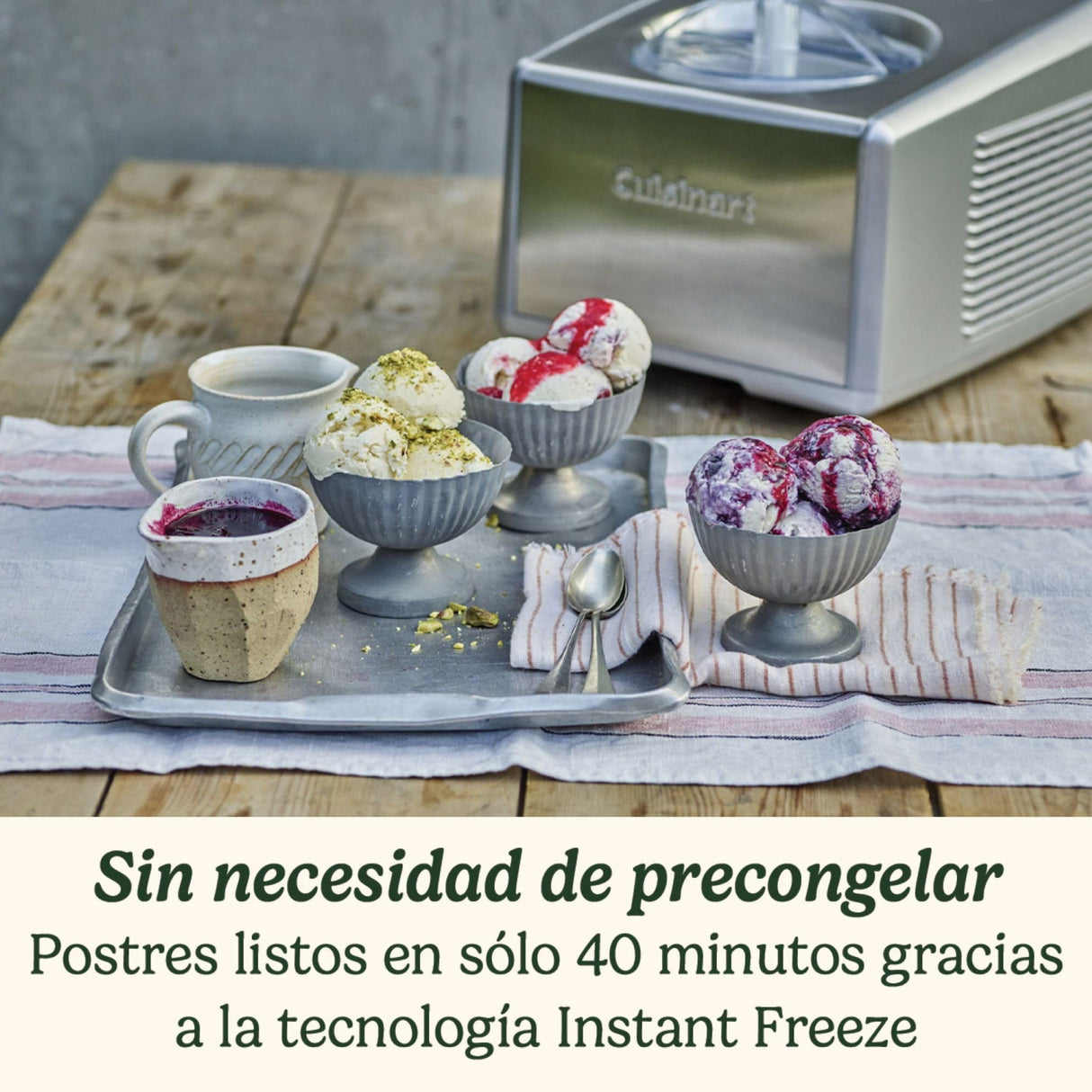 Cuisinart Heladera Profesional ICE100E Heladera con compresor 1.5L, Maquina para hacer helado, gelato, sorbetes y yogur helado casero, 150W, Helado al instante, Acero inoxidable, Color Plateado
