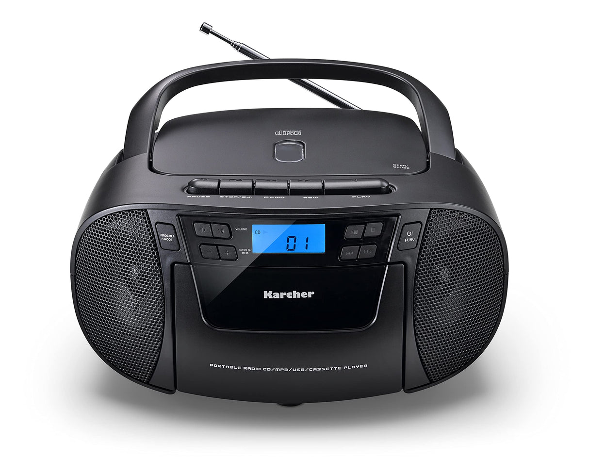 Karcher Radio CD portátil RR 5045 (boombox con reproductor de CD, casete, radio FM, funcionamiento en red, USB y entrada auxiliar) negra