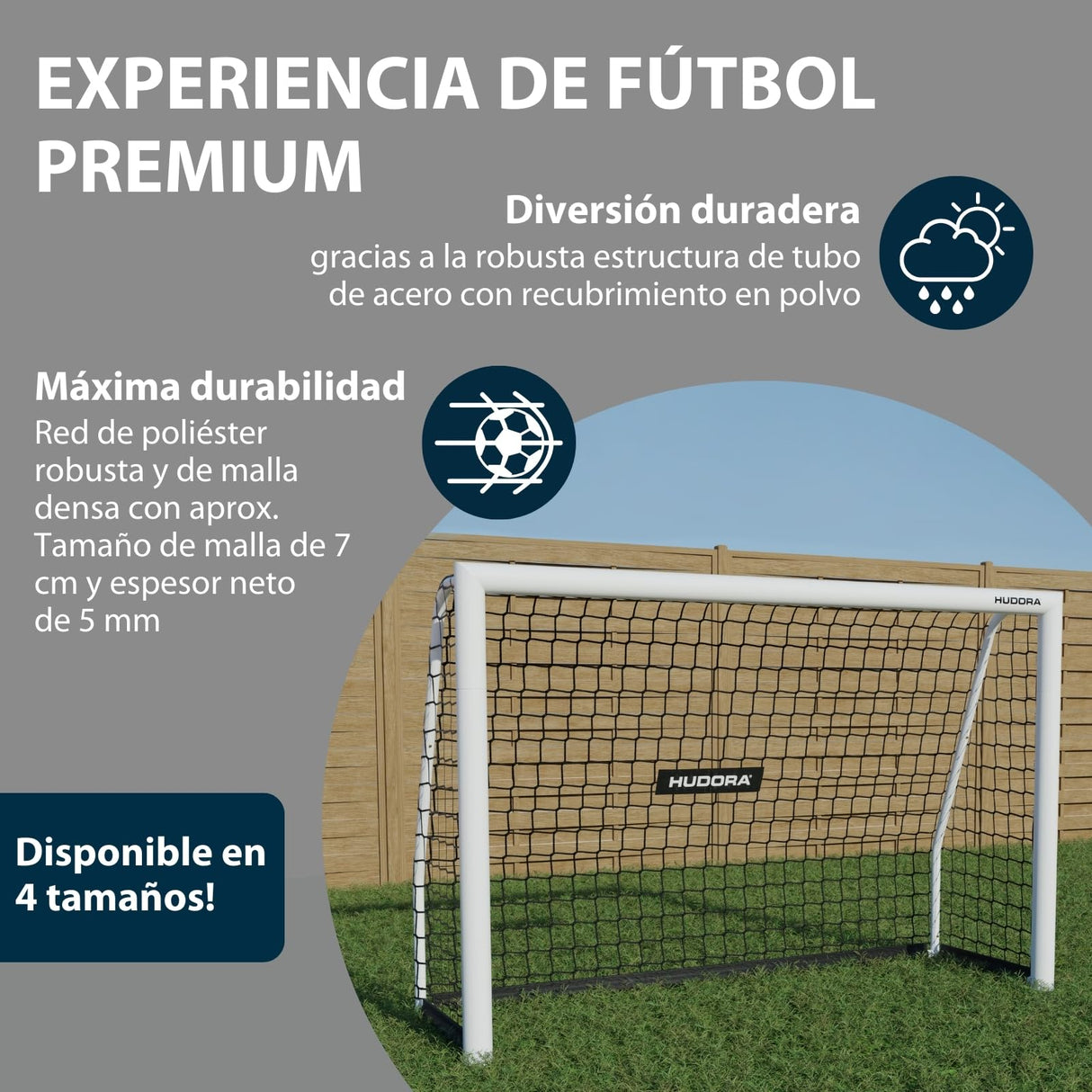 Hudora Portería de Fútbol Avanzada 120/180/240/300 I para Niños/Jóvenes & Adultos I Ideal para Jardín I Impermeable & Estable para Entrenamiento de Fútbol con Red de Malla Fina