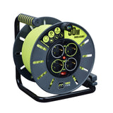 Masterplug Pro-XT Enrollacables de carrete de cable abierto de cuatro tomas con asa de bobinado, interruptor térmico e interruptor de alimentación, cable de alta visibilidad de 50 metros