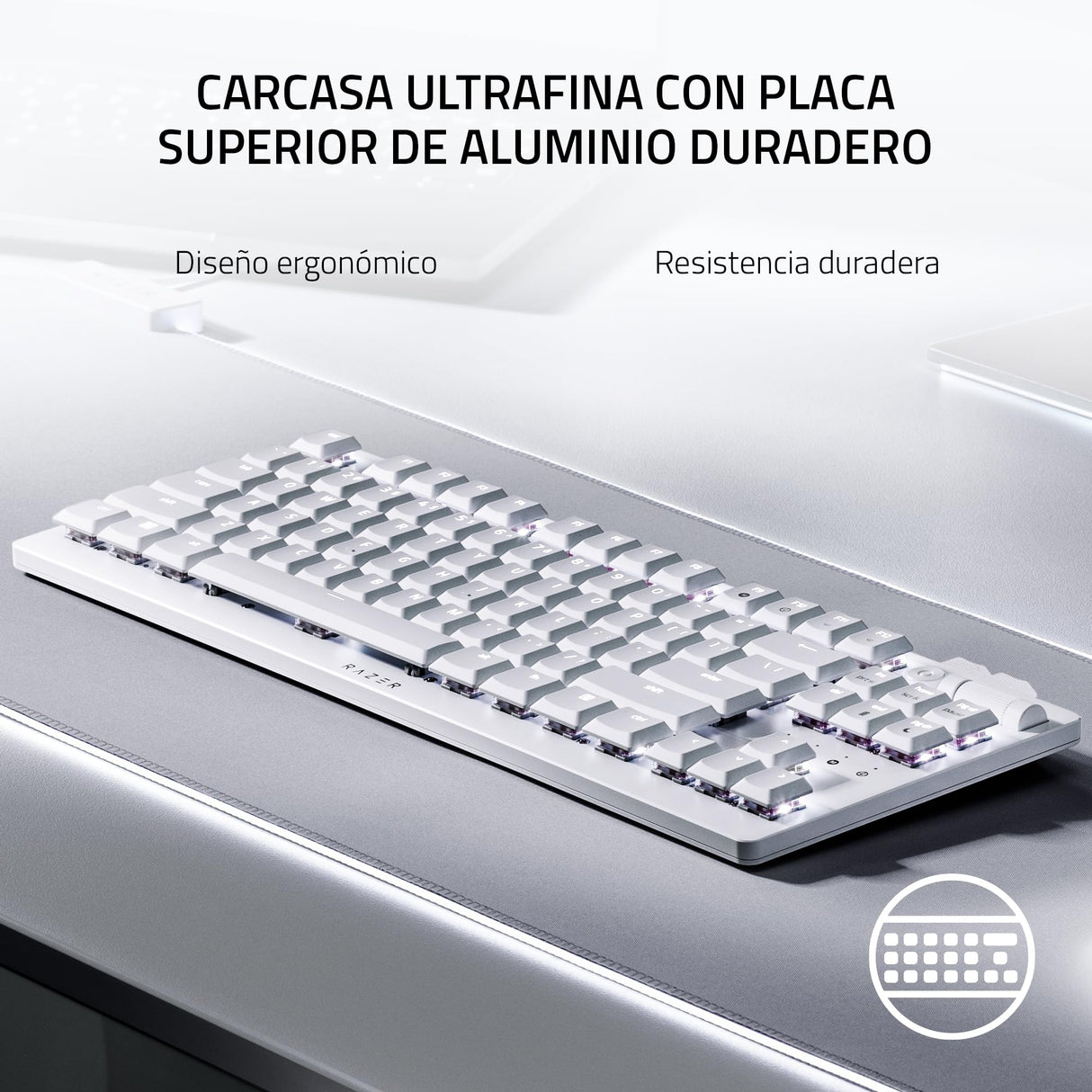 Razer DeathStalker V2 Pro Tenkeyless (Interruptor Rojo) - Teclado Óptico Inalámbrico para Juegos de Bajo Perfil (Interruptores Ópticos Lineales, HyperSpeed Wireless, Bluetooth 5.0) Diseño US, Blanco