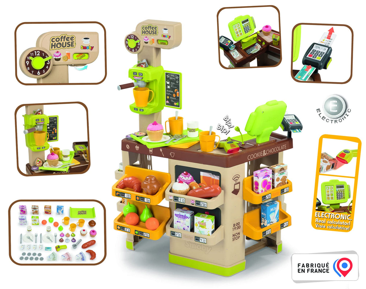 Smoby - Roleplay Coffee House, 7600350232, 3 Años, 57 Accesorios, Cafetera, Caja registradora, H. 89 cm
