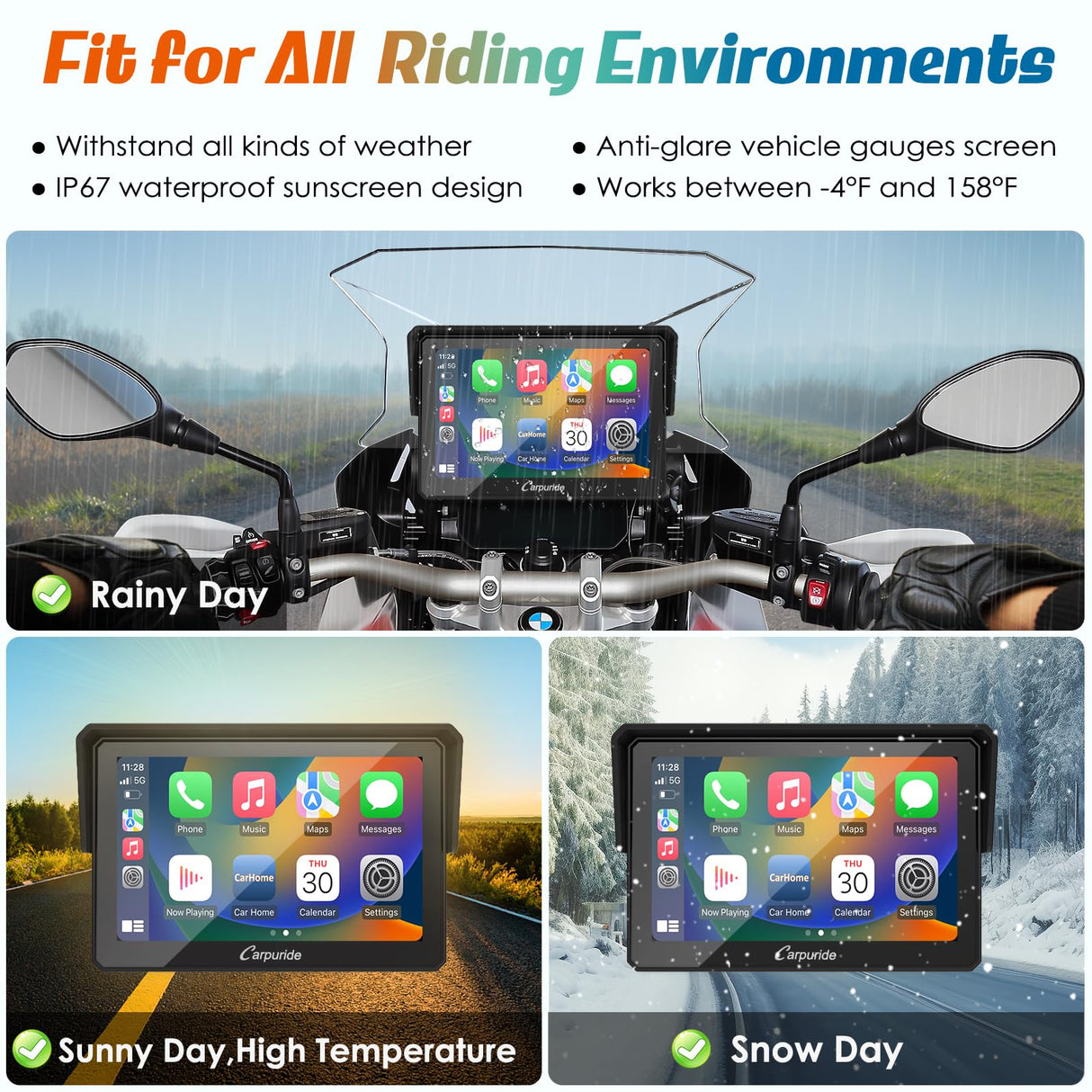 Carpuride W502B - Pantalla GPS 5 Pulgadas para Moto BMW R1200GS/R1250GS/S1000XR, CarPlay y Android Auto Inalámbrico, Pantalla Táctil Impermeable, Bluetooth Dual, Navegación Portátil para Moto