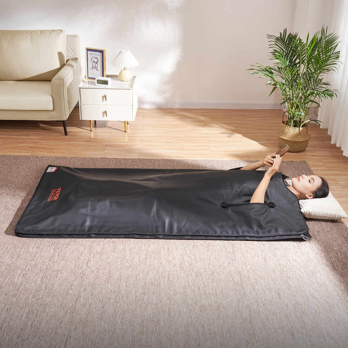 VEVOR Manta de Sauna de Infrarrojos Lejanos Portátil 180x90 cm Temperatura Ajustable 1-6 Niveles 35-85 °C Temporizador 1-60 min Orificios para los Brazos Bolsas de Sauna Calefacción Fibra de Carbono