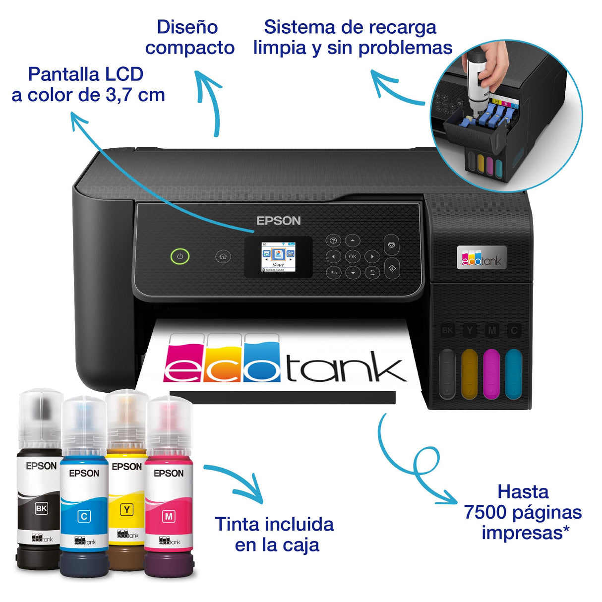 Epson Impresora multifunción EcoTank ET-2870 A4 con depósito de Tinta, conexión Wi-Fi y hasta 3 años de Tinta incluida