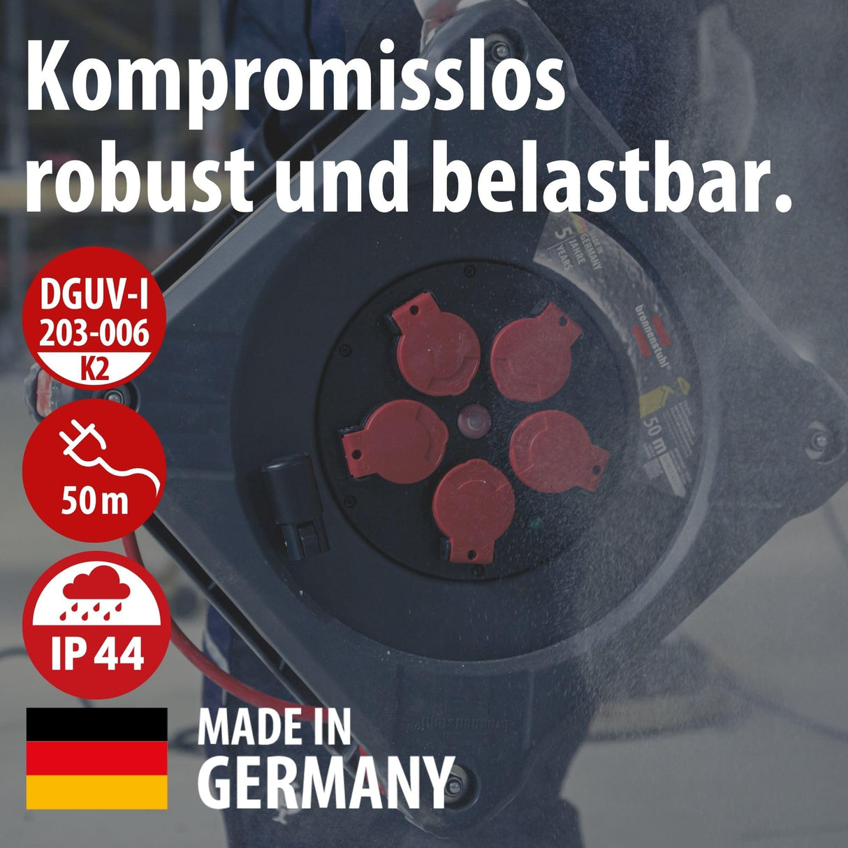 Brennenstuhl Professional KA 5110 5 IP44 carrete para instalación de construcción, cable BQ de 50 m en rojo, 5 enchufes de seguridad, uso en obra y exterior permanente, fabricado en Alemania