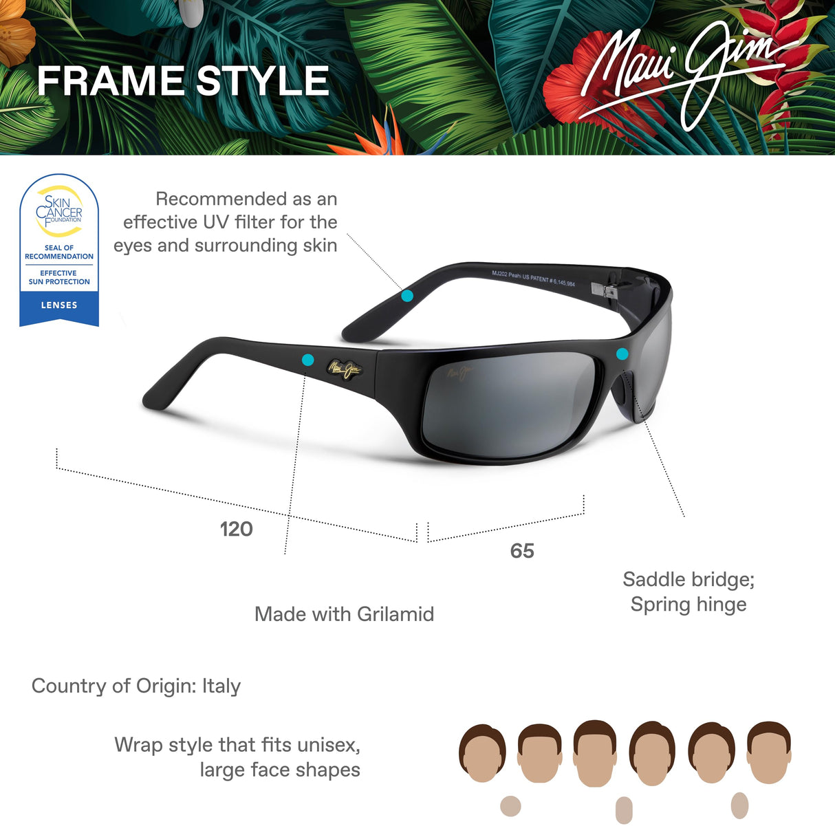 Maui Jim PEAHI Gafas, Gloss Black, 65/19/120 Unisex Adultos