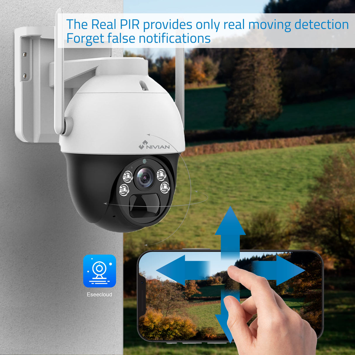 Nivian Cámara vigilancia seguridad 360º 4G(SIM) Panel solar 7W-Batería larga duración 18000mAh-2K-Detección de movimiento y humanos-Apta exterior-Visión nocturna+Leds-Audio bidireccional-APP EseeCloud