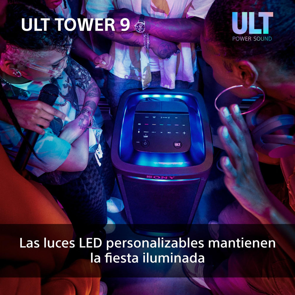 Sony ULT Tower 9, Ultimate Bluetooth Party Speaker, 25 H de batería y alimentación de Red, 2 Modos ULT Power Sound, X-Balanced Speaker, 360 Luces y Sonido, entradas de Karaoke, Negro