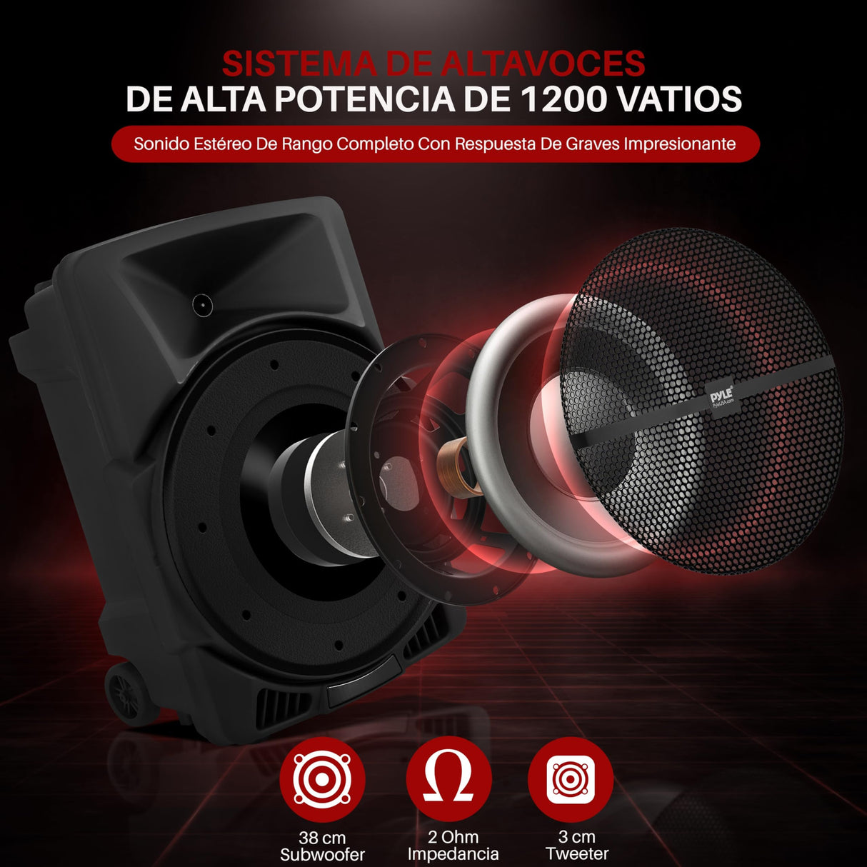 PYLE Sistema de Altavoces, PA,1200W, Bluetooth, Portatil, Recargable, Interiores, Exteriores, subwoofer de 12”, Tweeter de 1”, grabación, micrófono, Luces de Fiesta, Radio USB/SD, Negro