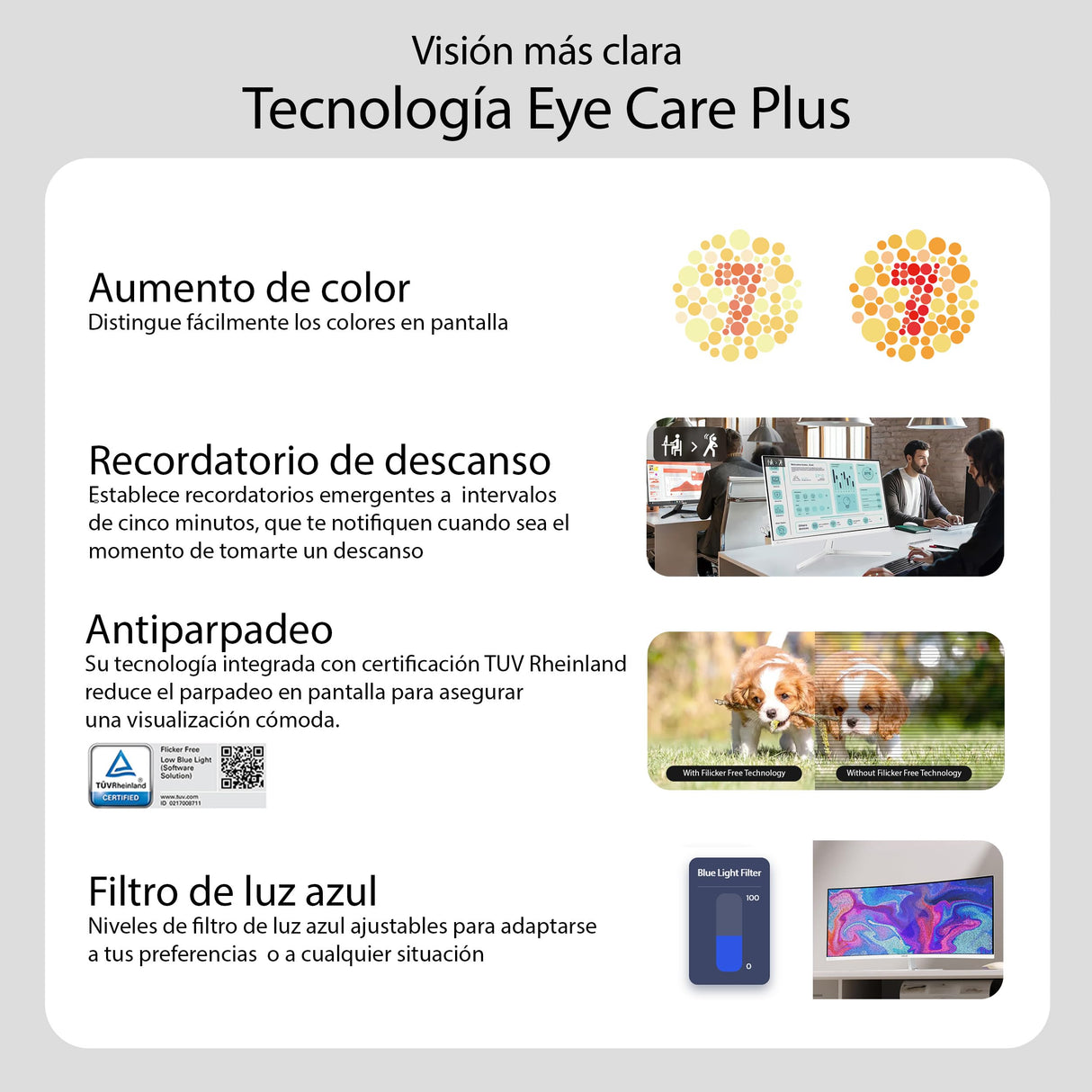 ASUS VU249HFI-W Monitor Eye Care de 24 Pulgadas, 23.8 Pulgadas visibles, Full HD 1920 x 1080, IPS, 100Hz, SmoothMotion, Adaptive Sync, ionizador de Aire, tecnología Eye Care Plus, Filtro de luz Azul