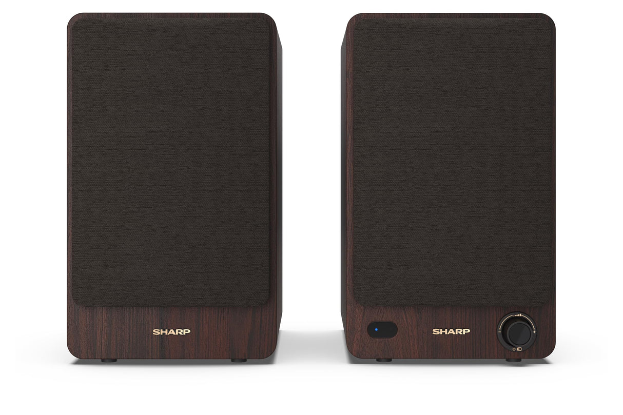 Sharp CP-SS30(BR) Pareja Altavoces estantería Activos 2vías, 60W RMS (2x30W) Carcasa Madera, Bluetooth v5.0, USB, óptica, Auxiliar, RCA, Ajuste Graves y Agudos, Rejilla extraíble, Mando a Distancia.