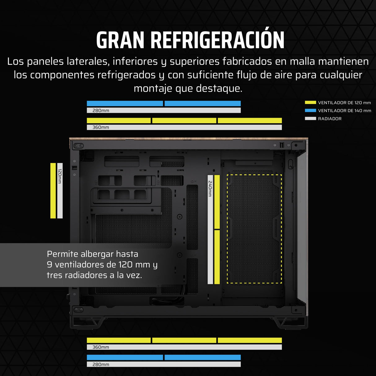 CORSAIR 2500X Pequeña-Torre mATX Caja de PC de Doble Cámara - Cristal Templado Panorámico - Conexión Inversa Compatible con Placa Base - Sin Ventiladores Incluidos - Negro/Madera de Nogal