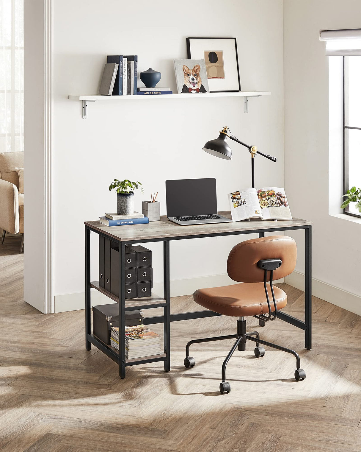 VASAGLE Escritorio, Mesa de Ordenador, con 2 Estante a la Izquierda o a la Derecha, para Oficina, Dormitorio, Estructura de Acero, Industrial, Greige y Negro LWD47MB