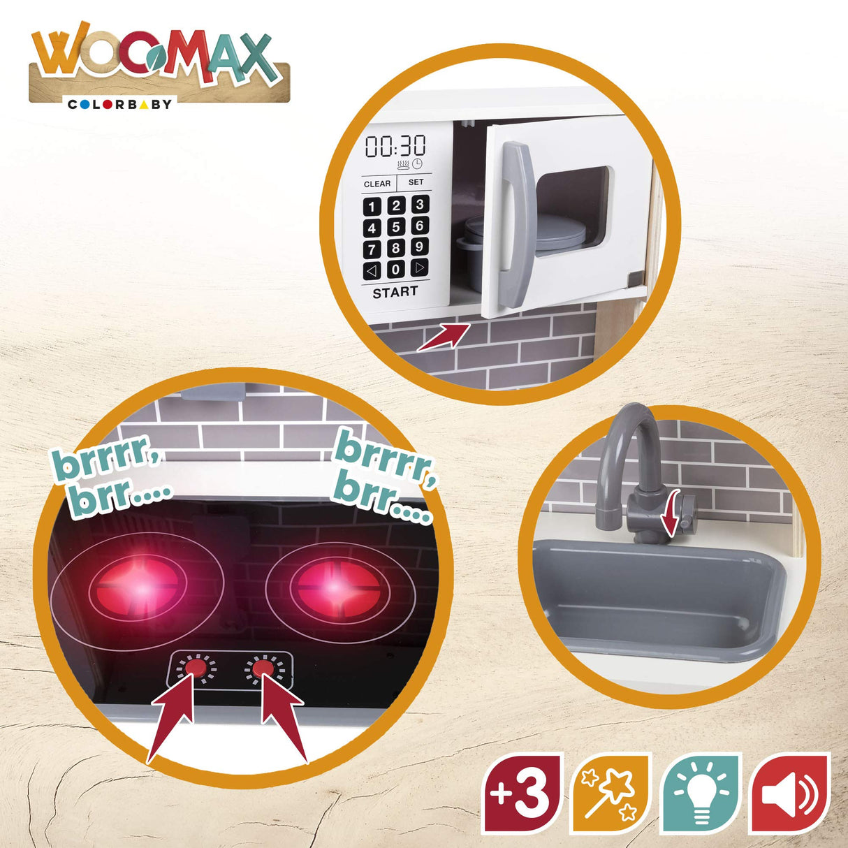 WOOMAX Cocina Juguete de Madera con luz y Sonidos, con Accesorios y Utensilios de Cocina, para niños Desde 3 años (49026)