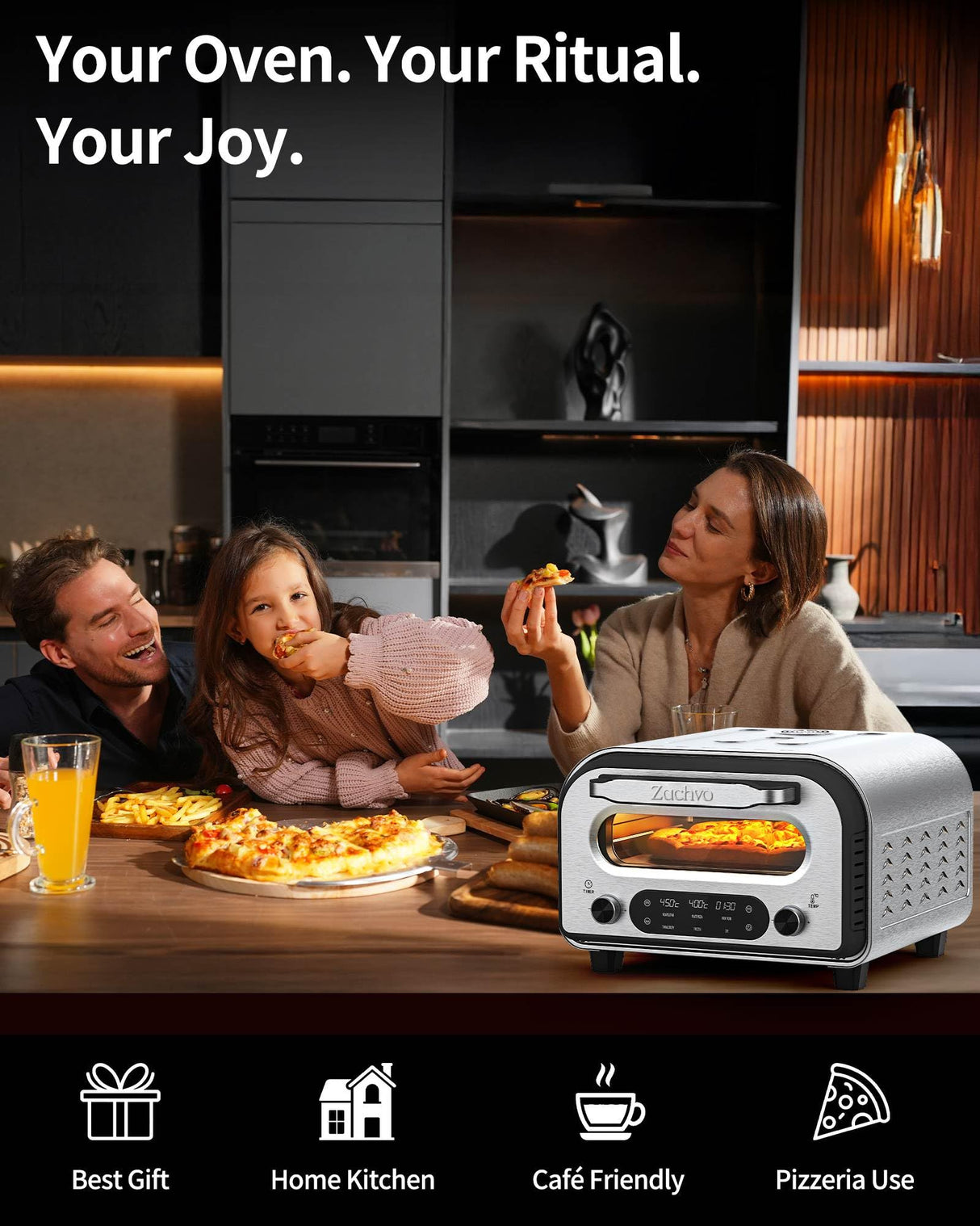 ZACHVO Elektrischer Pizzaofen - bis 450℃, 5 voreingestellte Pizzaarten, 1-60 Min Timer, Touchscreen & Drehregler, Edelstahlgehäuse, für 32cm Pizza, inkl. Pizzastein, Pizzaschieber, Rezeptbuch, Schwarz