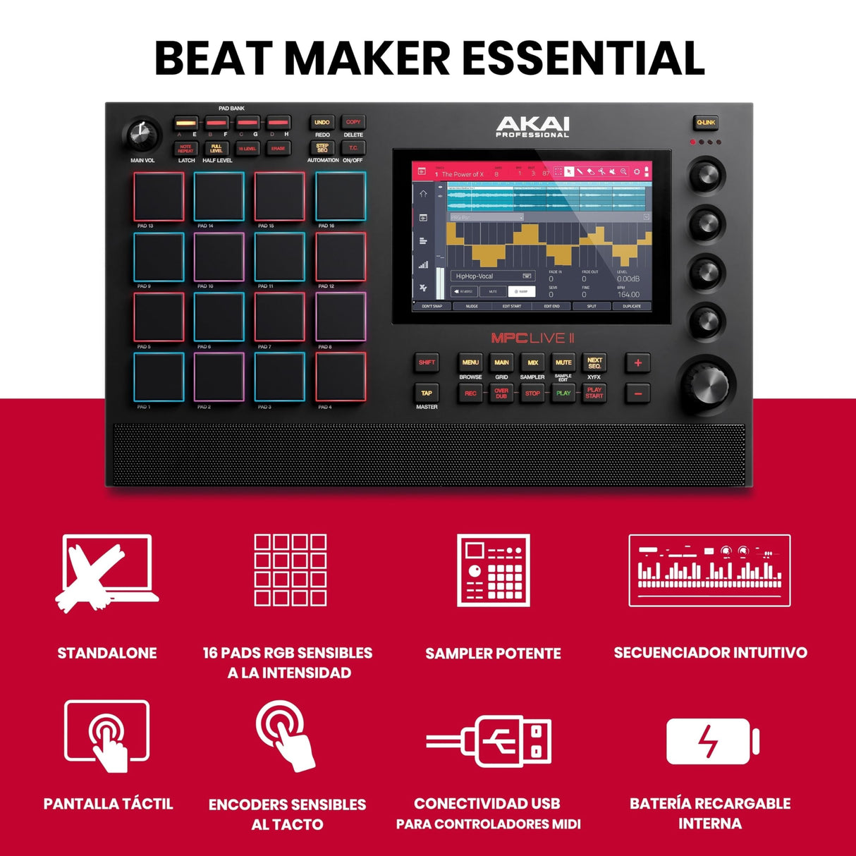 Akai Professional MPC Live II - Caja de ritmos autónoma, Sampler con altavoces integrados, beat pads, motores de sintetizador y pantalla táctil
