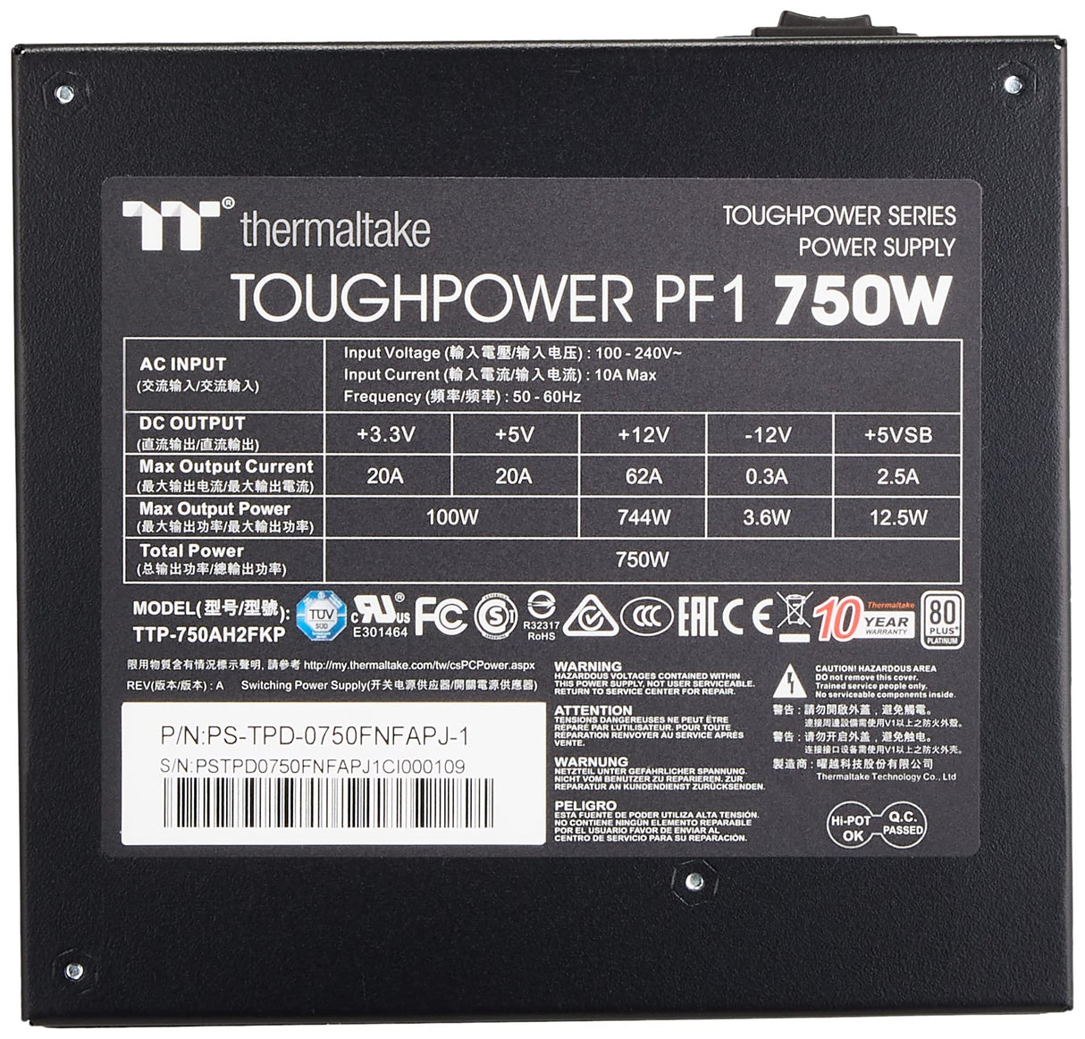 Thermaltake Toughpower PF1 750W | Fuente de alimentación para PC ATX | 80 Plus Platinum | Totalmente Modular | Ventilador silencioso de 140 mm | Certificación UE | Negro