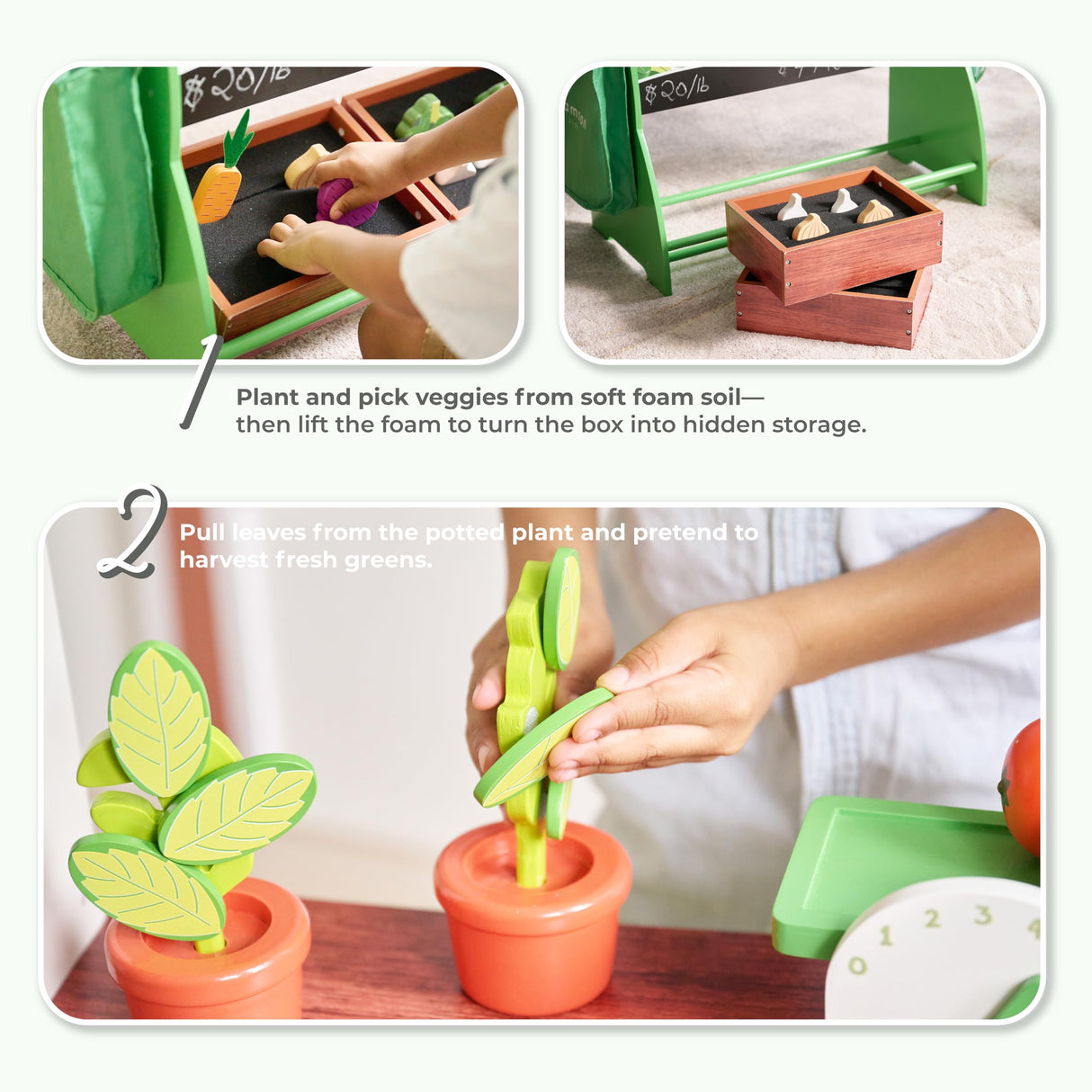 Teamson Kids Puesto de Mercado Vermont de Madera con Verduras, Pizarra, balanza, Cajas de jardín y Accesorios de Compra para niños