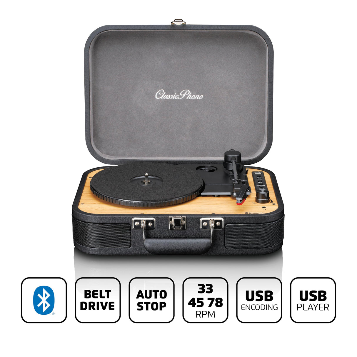 Tocadiscos Lenco Classic Phono TT-116 Bluetooth con 3 velocidades, 33, 45 y 78 RPM, Tocadiscos de Vinilo Vintage, Salida RCA, Altavoz estéreo, Negro